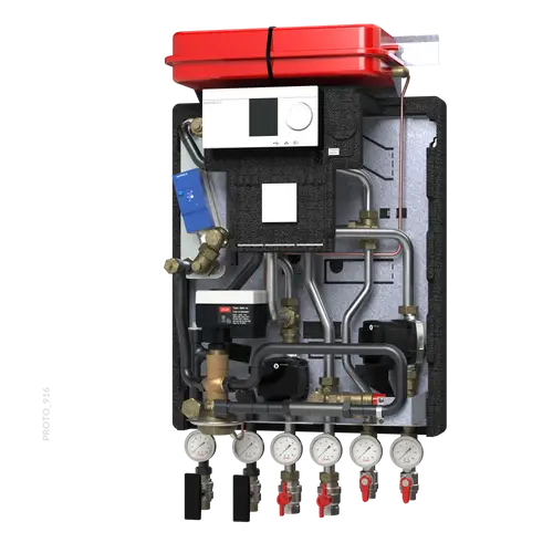 Hausstation mit verschiedenen Rohrleitungen, Ventilen und Druckmessgeräten, ausgestattet mit Danfoss-Elektronik, montiert auf einer isolierenden Rückwand.
